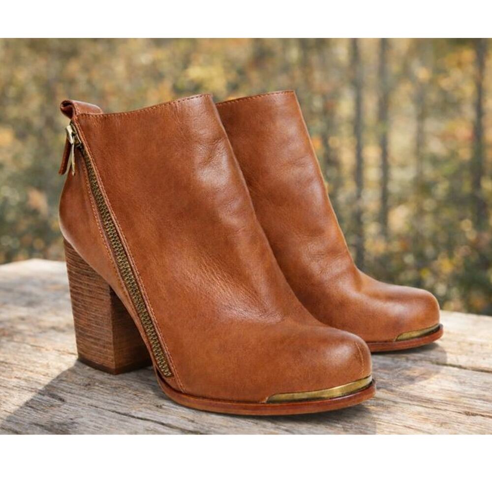 Jeffrey Campbell Leather Block Heel Ankle Boots Metal Toe Cognac 8.5